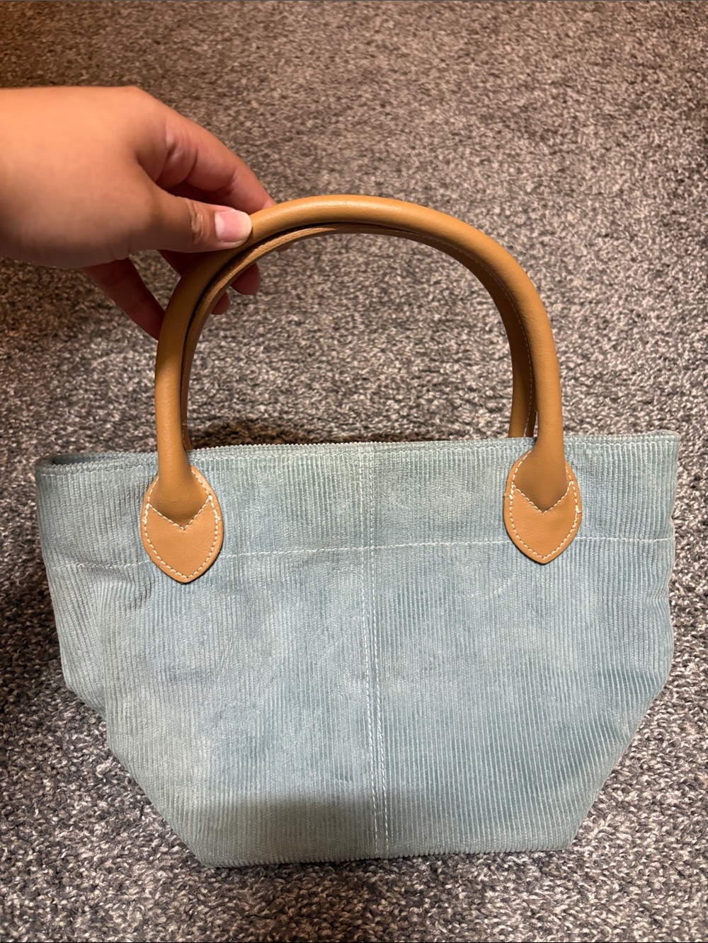 Mini Corduroy Tote in Sage with Tan Handles